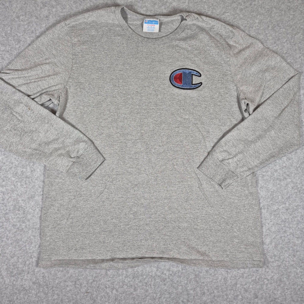 Champion Long Sleeve T-Shirt Mens XL Gray Big C Logo Embroidered Crew Neck